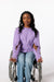 Denisha wearing Lilac Sleeve Zip Access Crew Sweatshirt with open sleeves