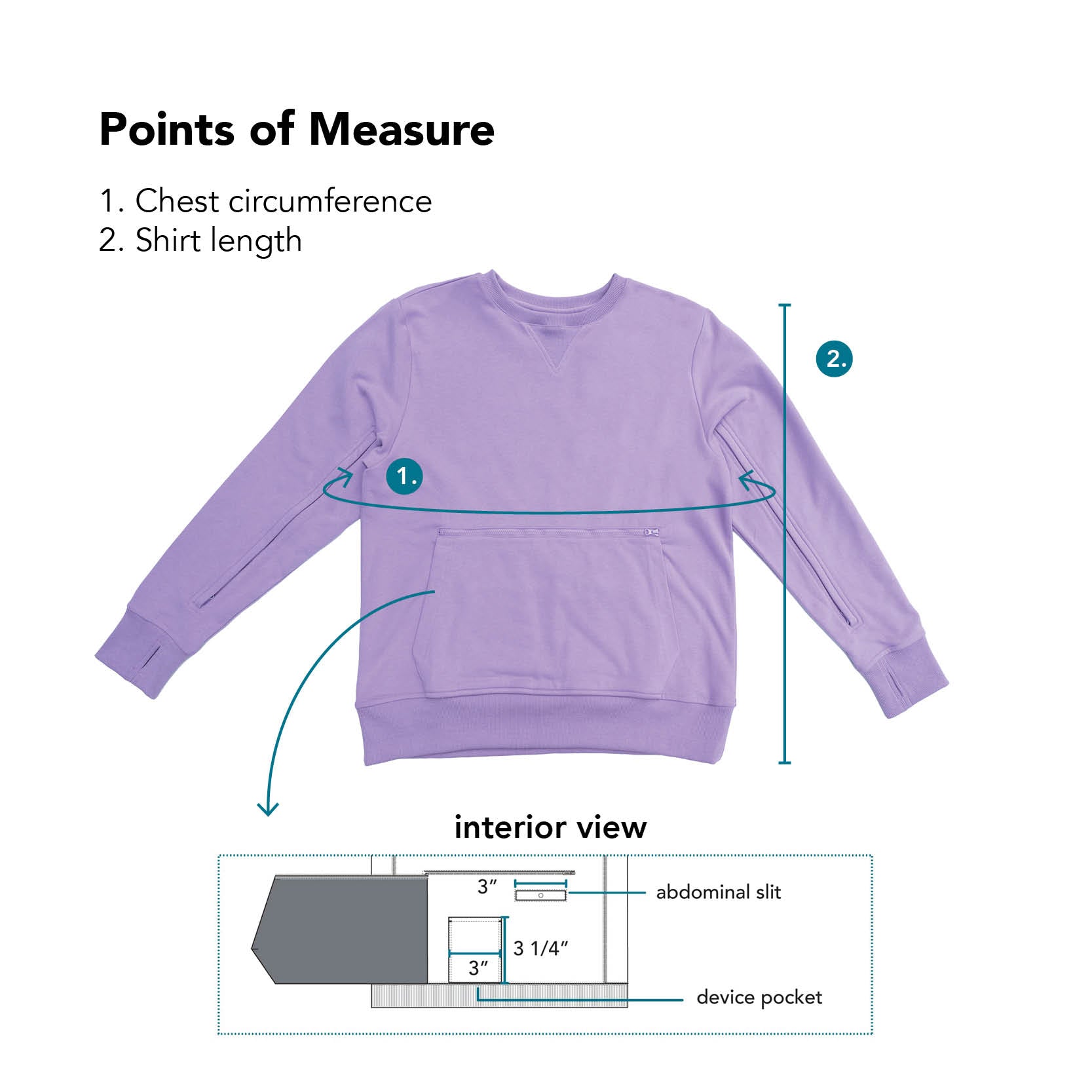Points of measure describing chest circumference and shirt length
