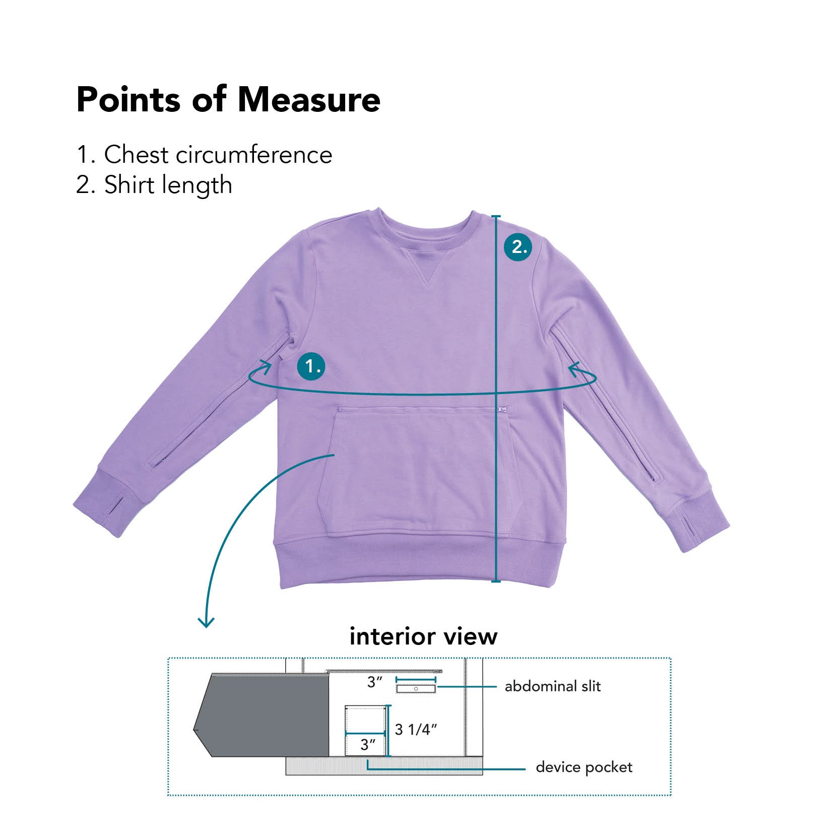 Adult Sleeve Zip Access Crew Sweatshirt with measurement points labeled