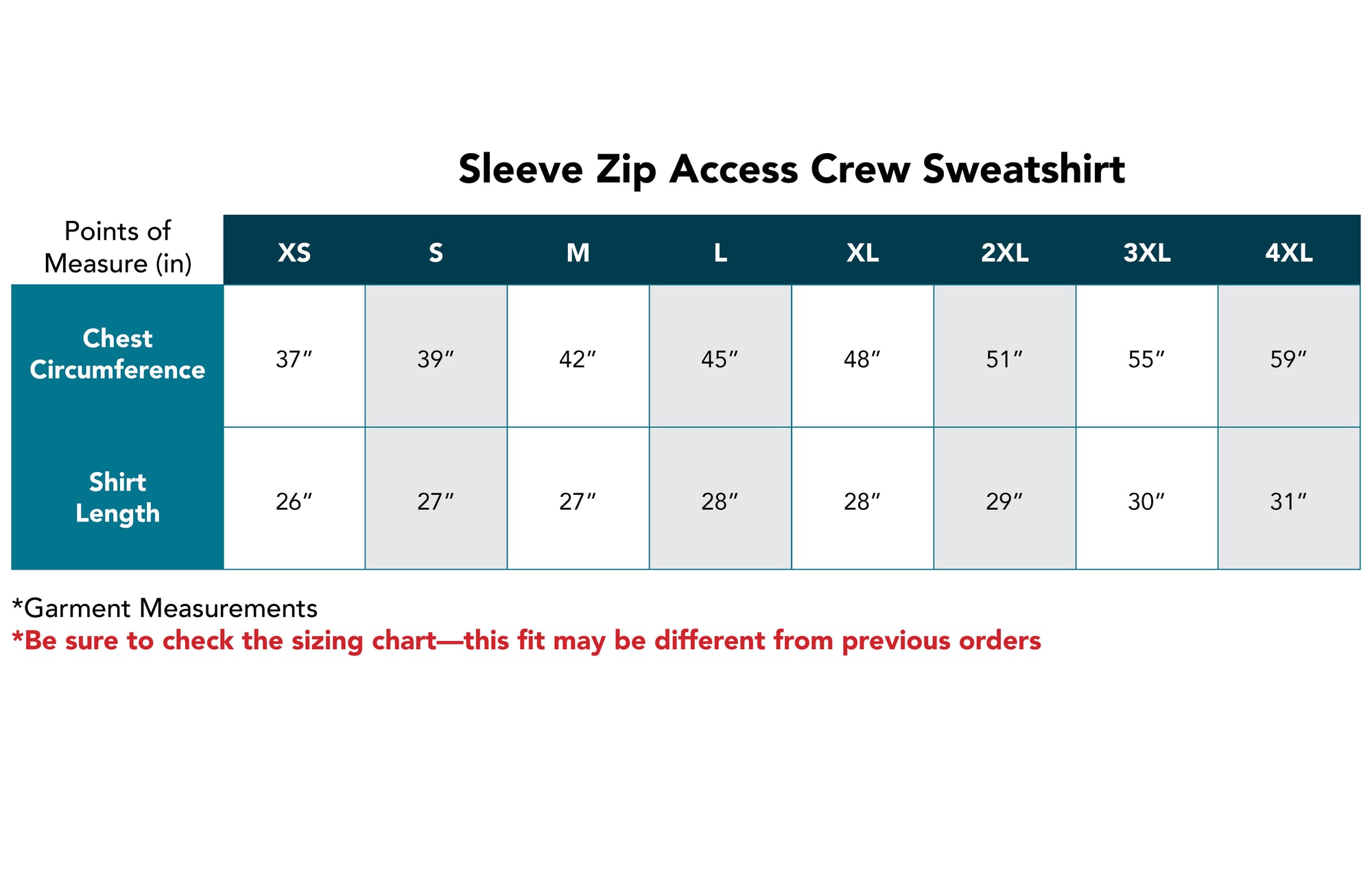 Sleeve Zip Access Crew Sweatshirt size chart with chest circumference and shirt length measurements.