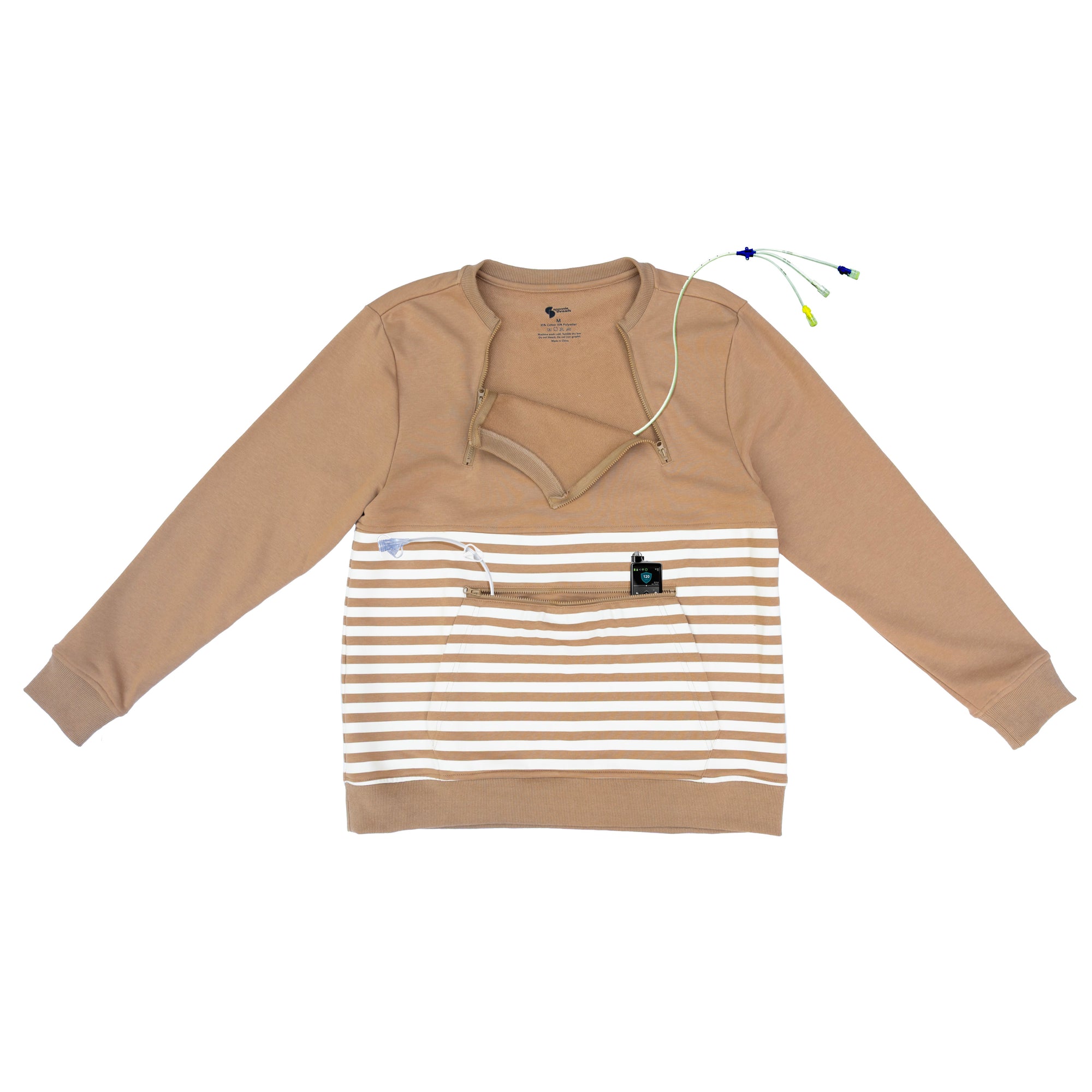 Flat of Khaki Stripe Zip Access Sweatshirt with multiple medical devices
