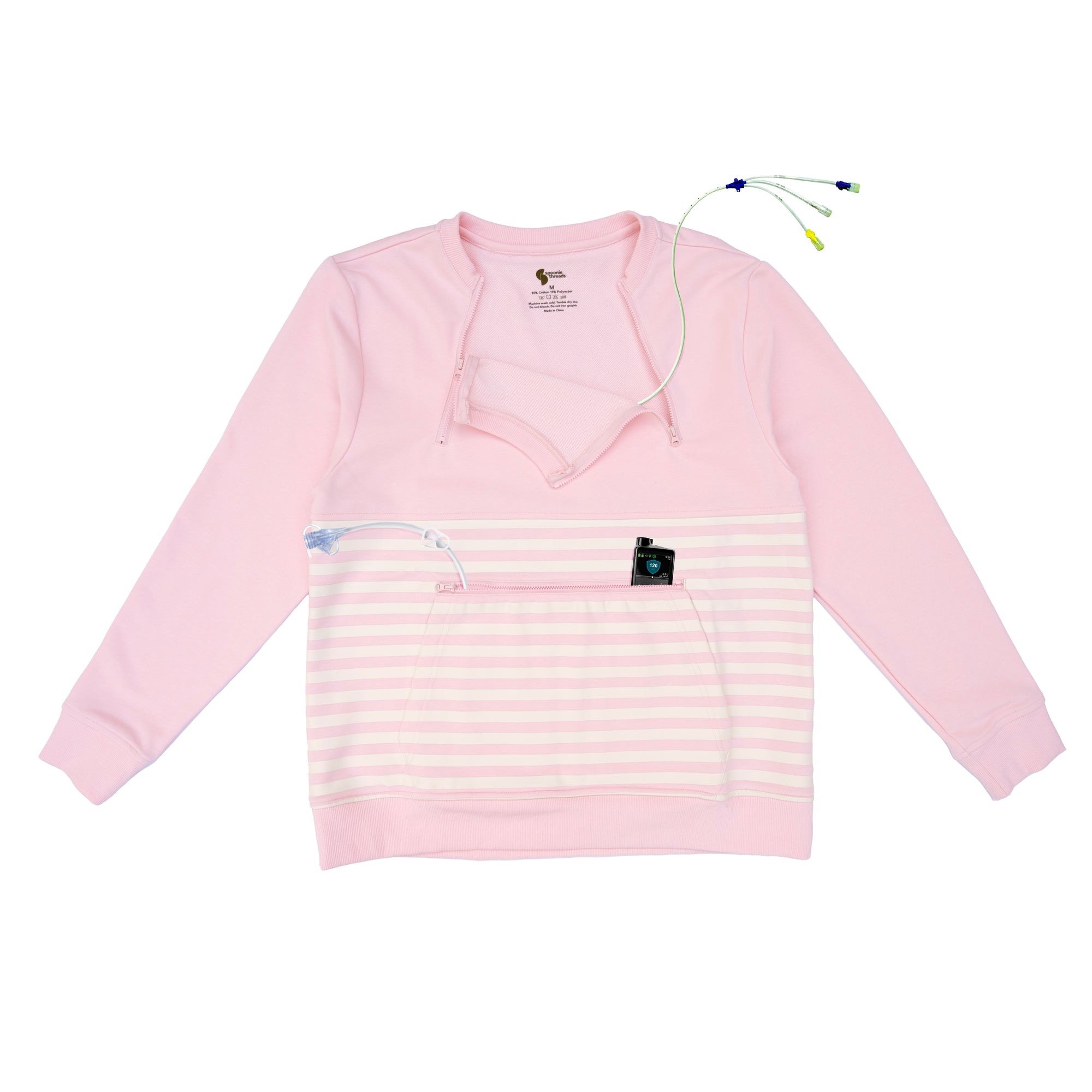 Pale Pink Adult Stripe Zip Access Sweatshirt with medical devices