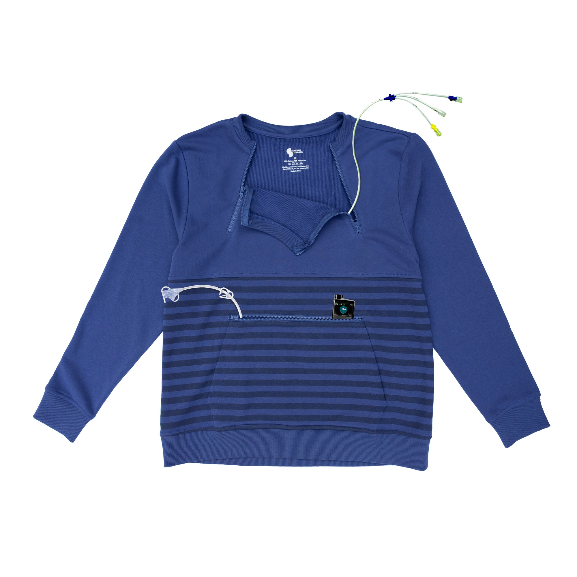 Flat of Navy Adult Stripe Zip Access Sweatshirt with medical devices