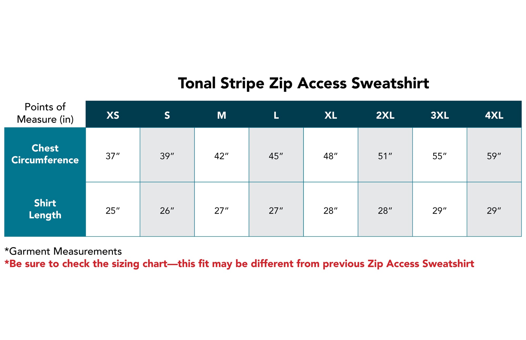 Size chart for Tonal Stripe Zip Access Sweatshirt