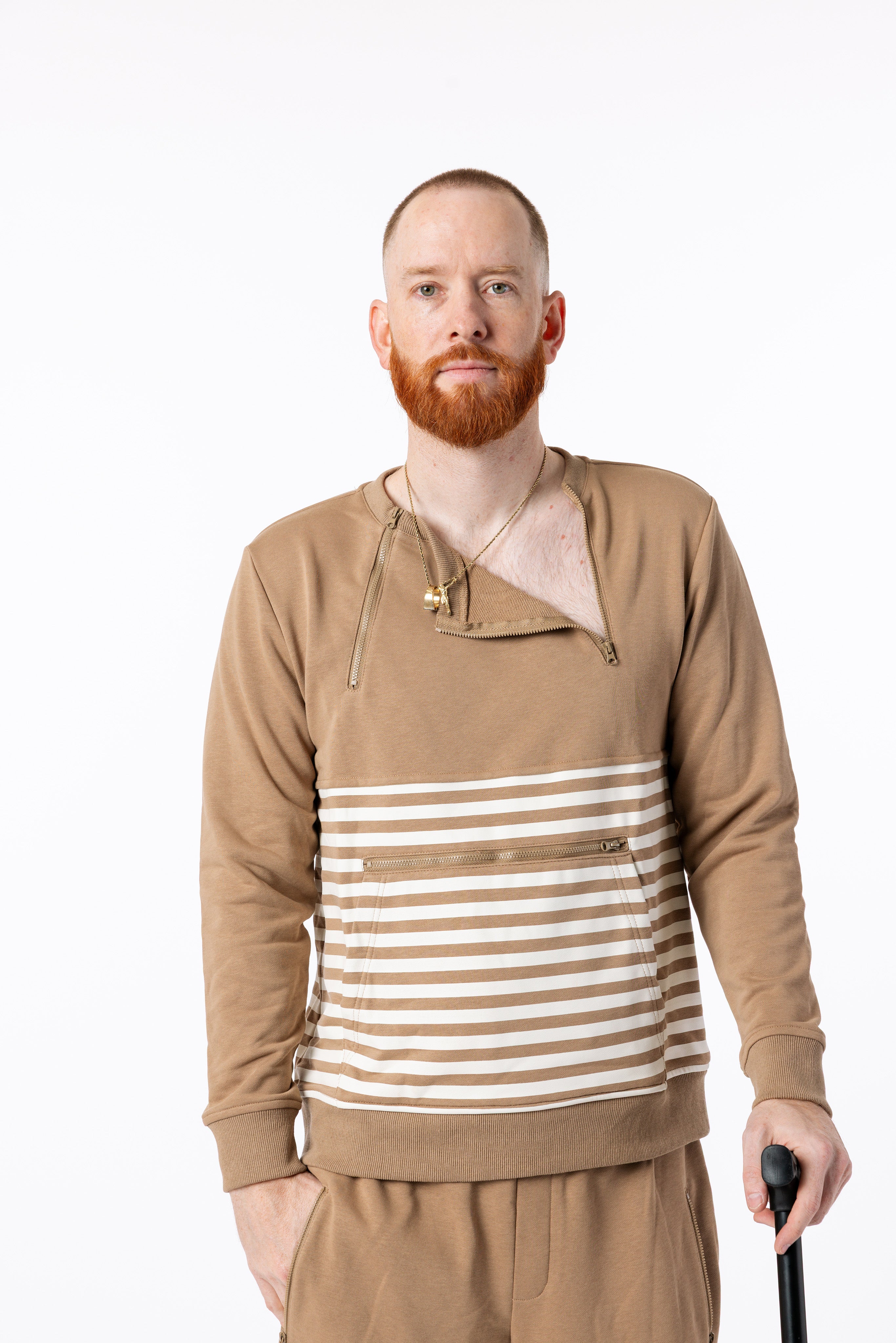 Khaki Stripe Adult Chest & Abdomen Zip Access Sweatshirt