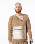 Mike showcasing chest zippers on Stripe Zip Access Sweatshirt
