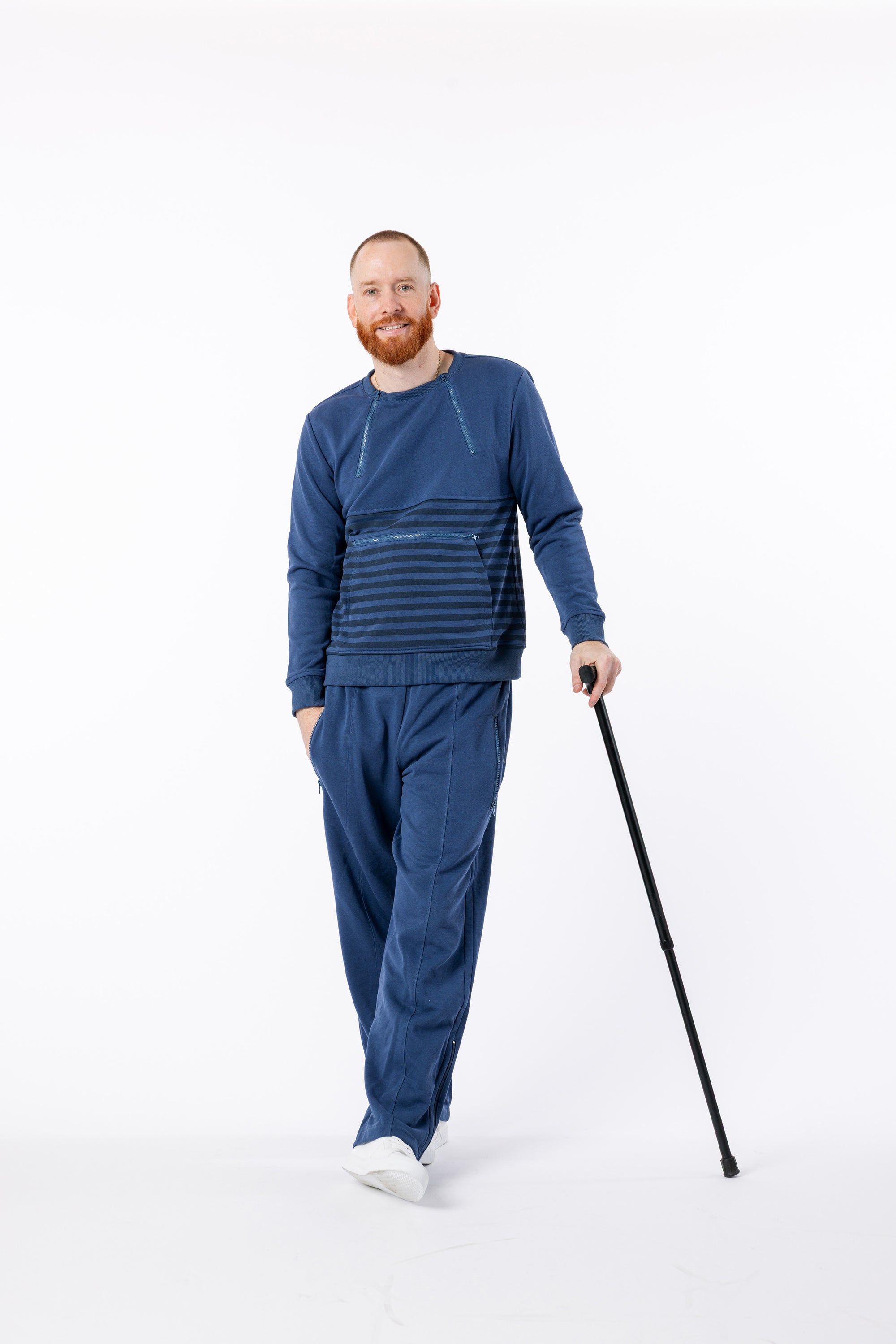 Mike wearing Navy Adult Stripe Zip Access Sweatshirt, posing with cane