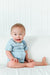 Baby boy in blue short sleeve all access bodysuit. Bodysuit has snap panels at the shoulder seam and down the front.