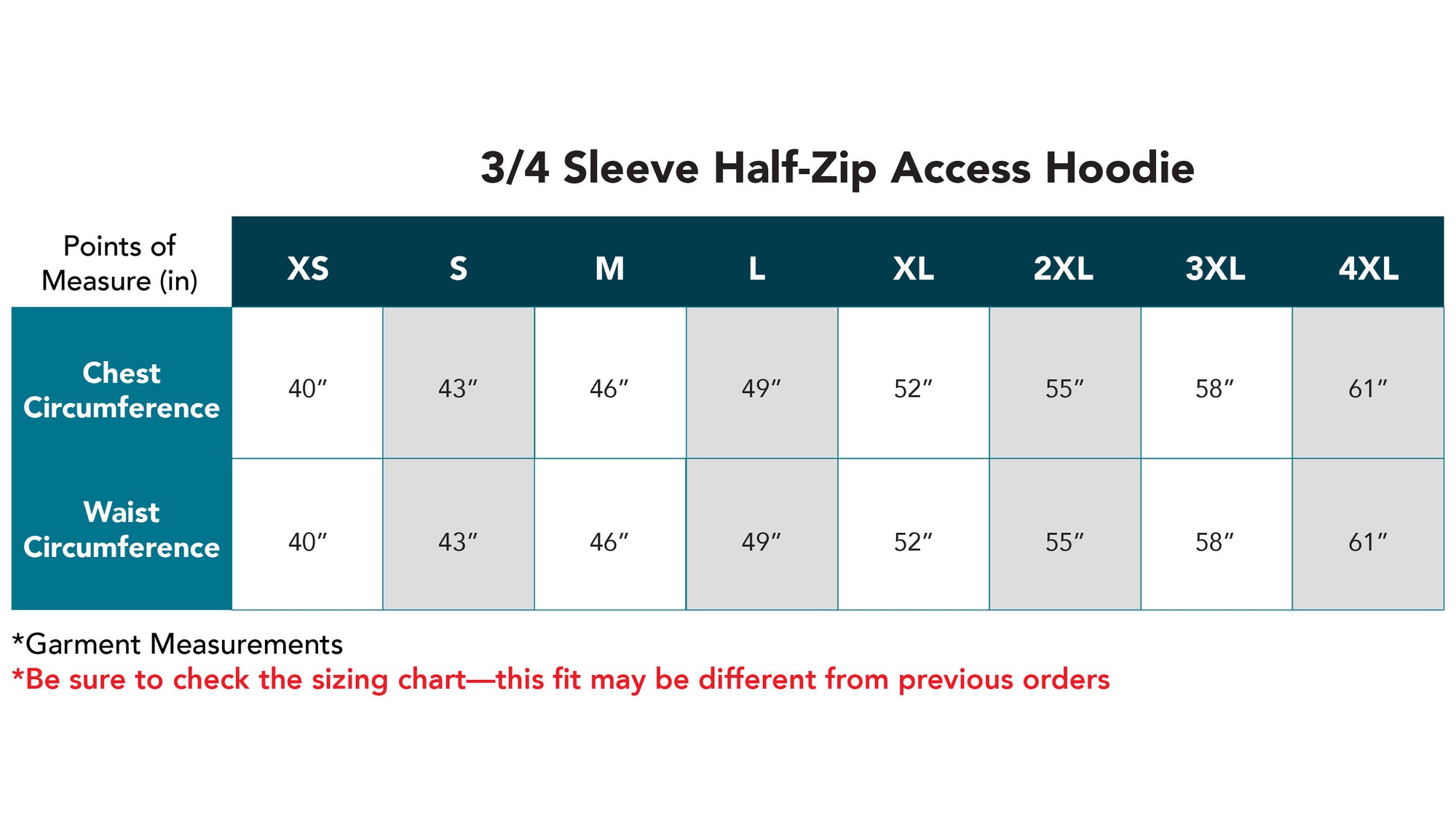 3/4 Sleeve Half-Zip Access Hoodie Size Chart