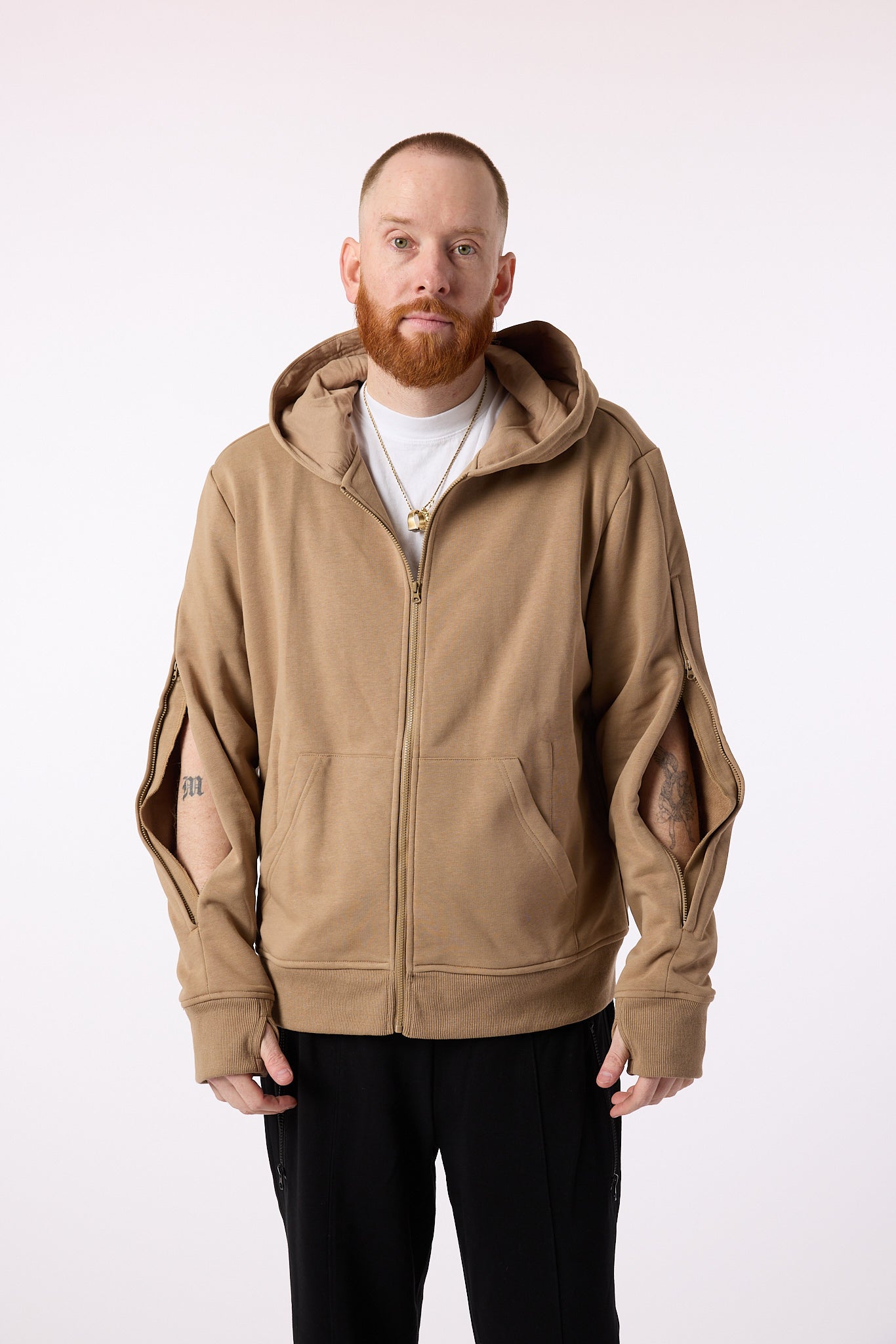 Mike wearing Full Zip Hoodie with open arm zippers