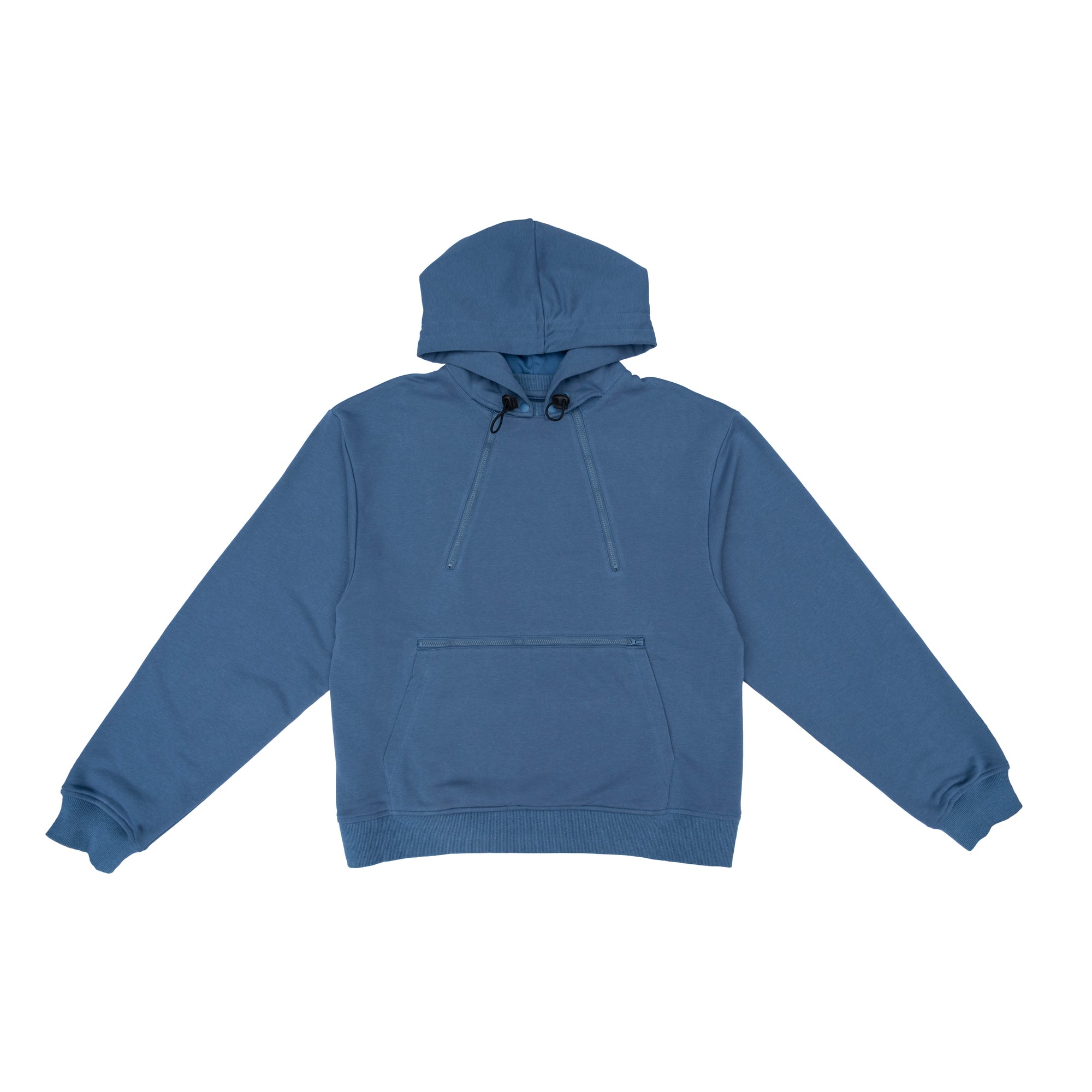 Flat of Denim Zipper Access Hoodie against white background