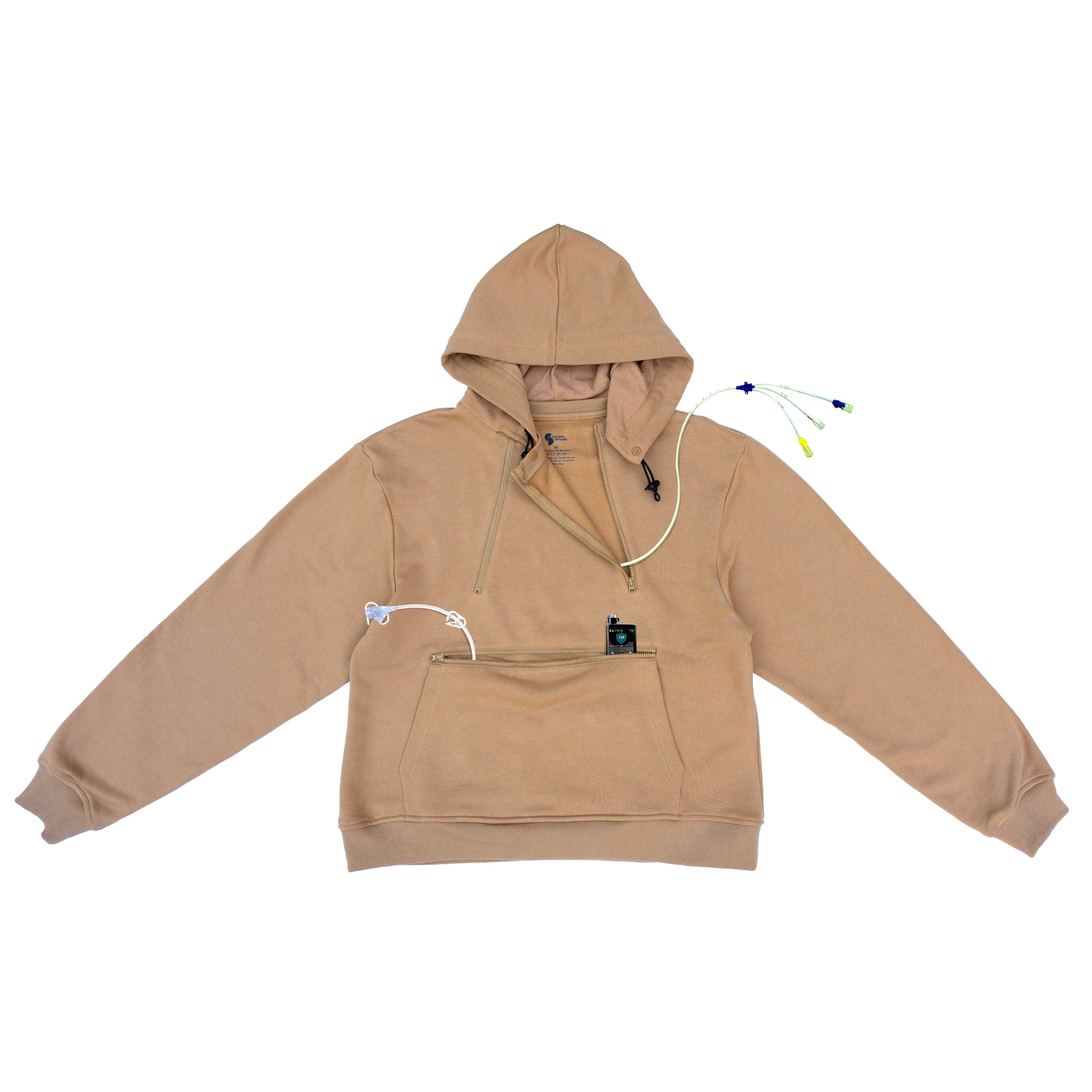 Khaki Zipper Access Hoodie with devices