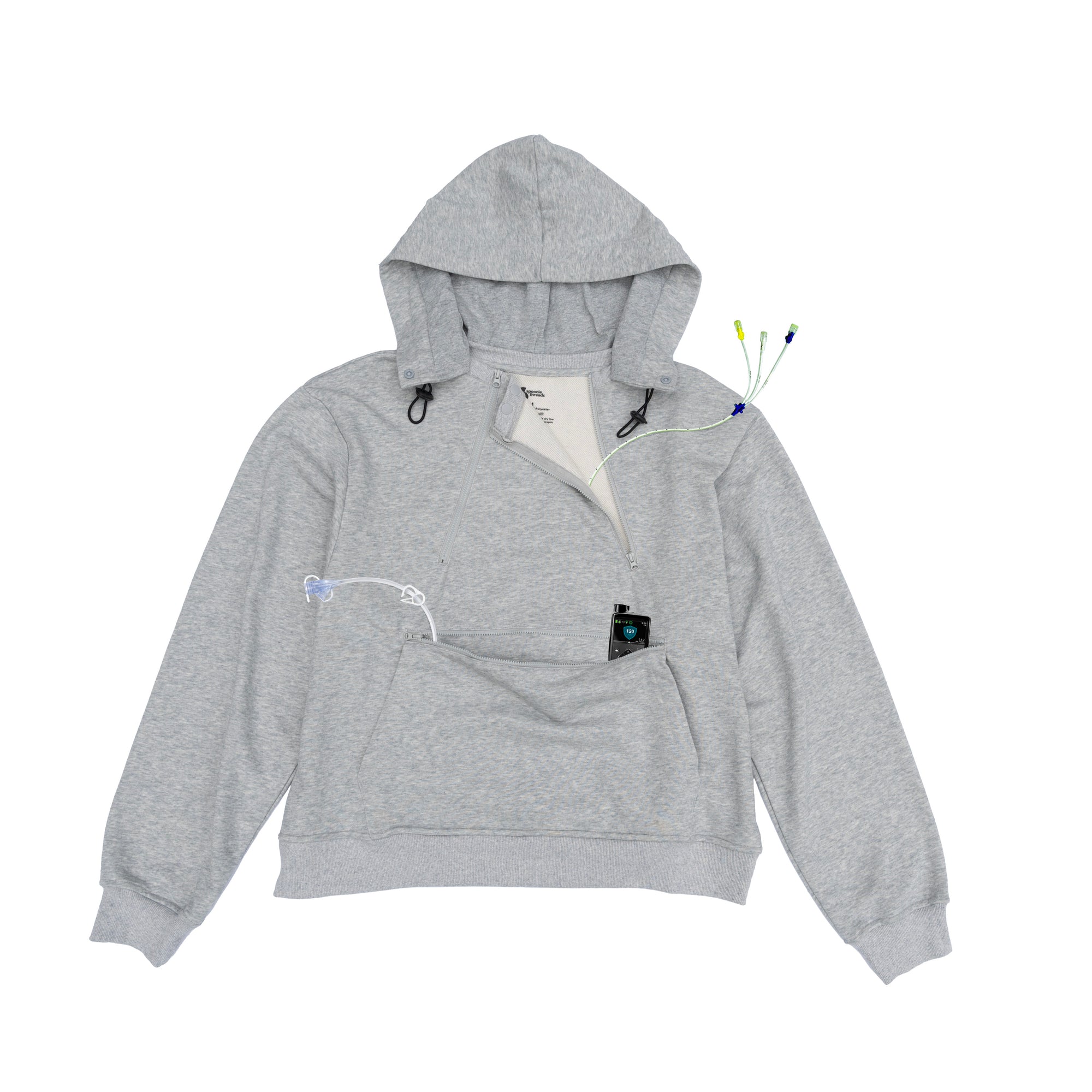 Adult Chest &amp; Abdomen Zipper Access Hoodie with medical devices