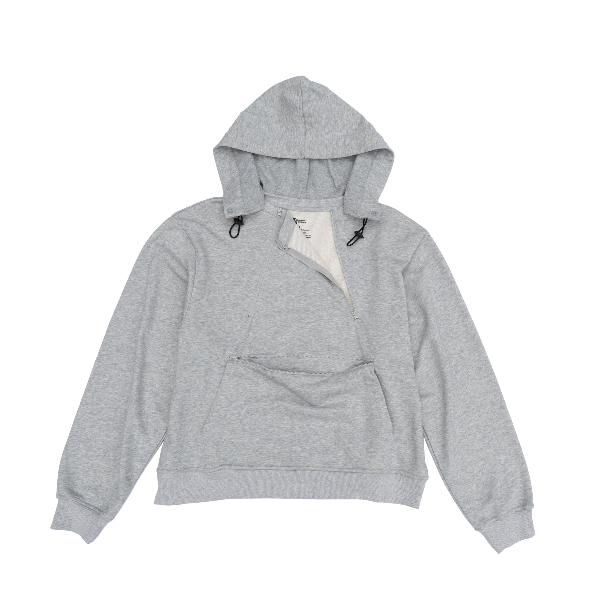 Gray Zipper Access Hoodie with open zippers