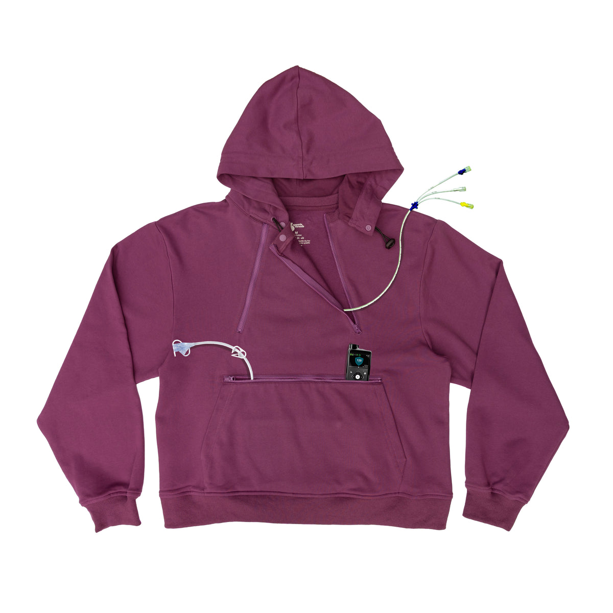 Flat of Zipper Access Plum Hoodie with devices showing