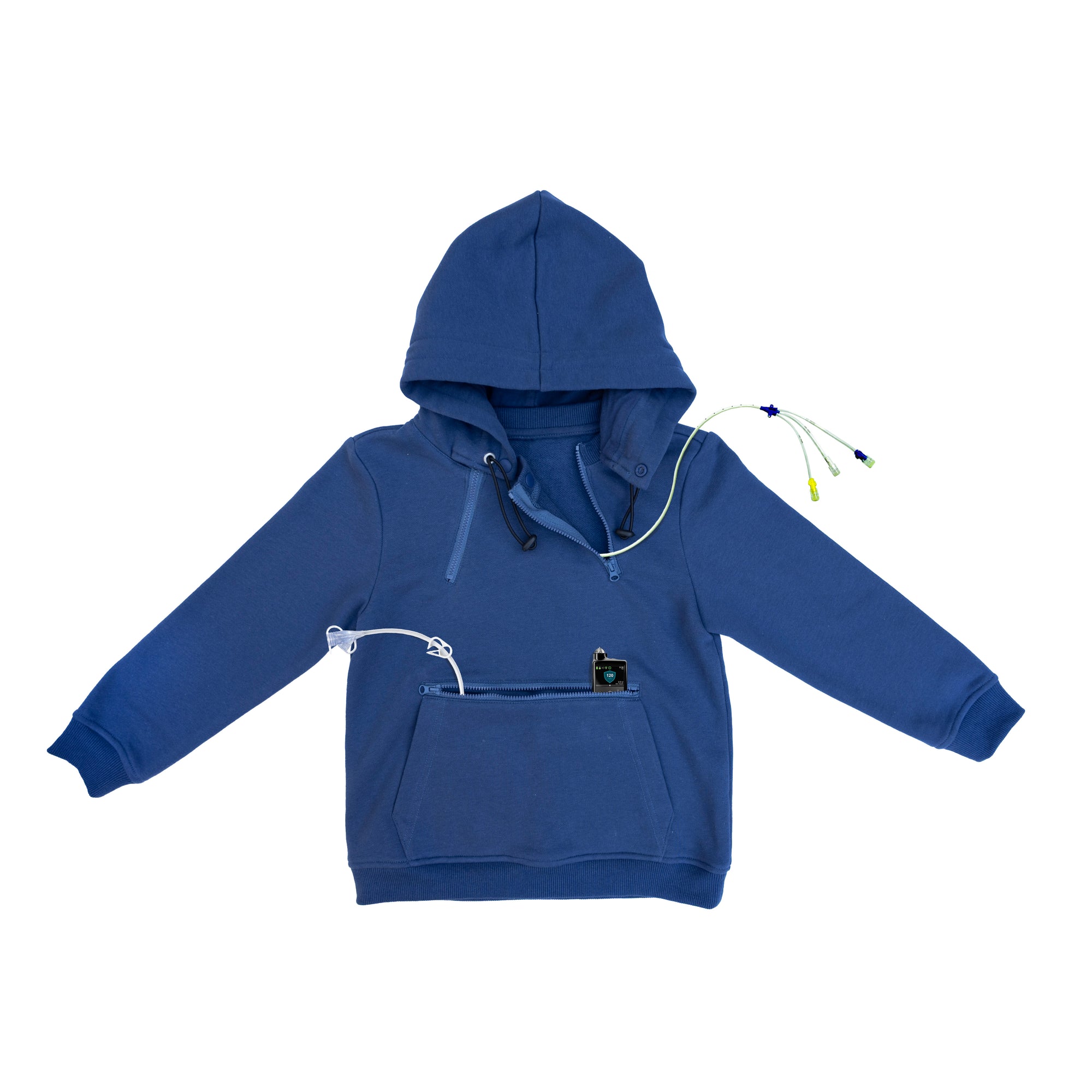 Blue Zipper Access Hoodie with various medical devices