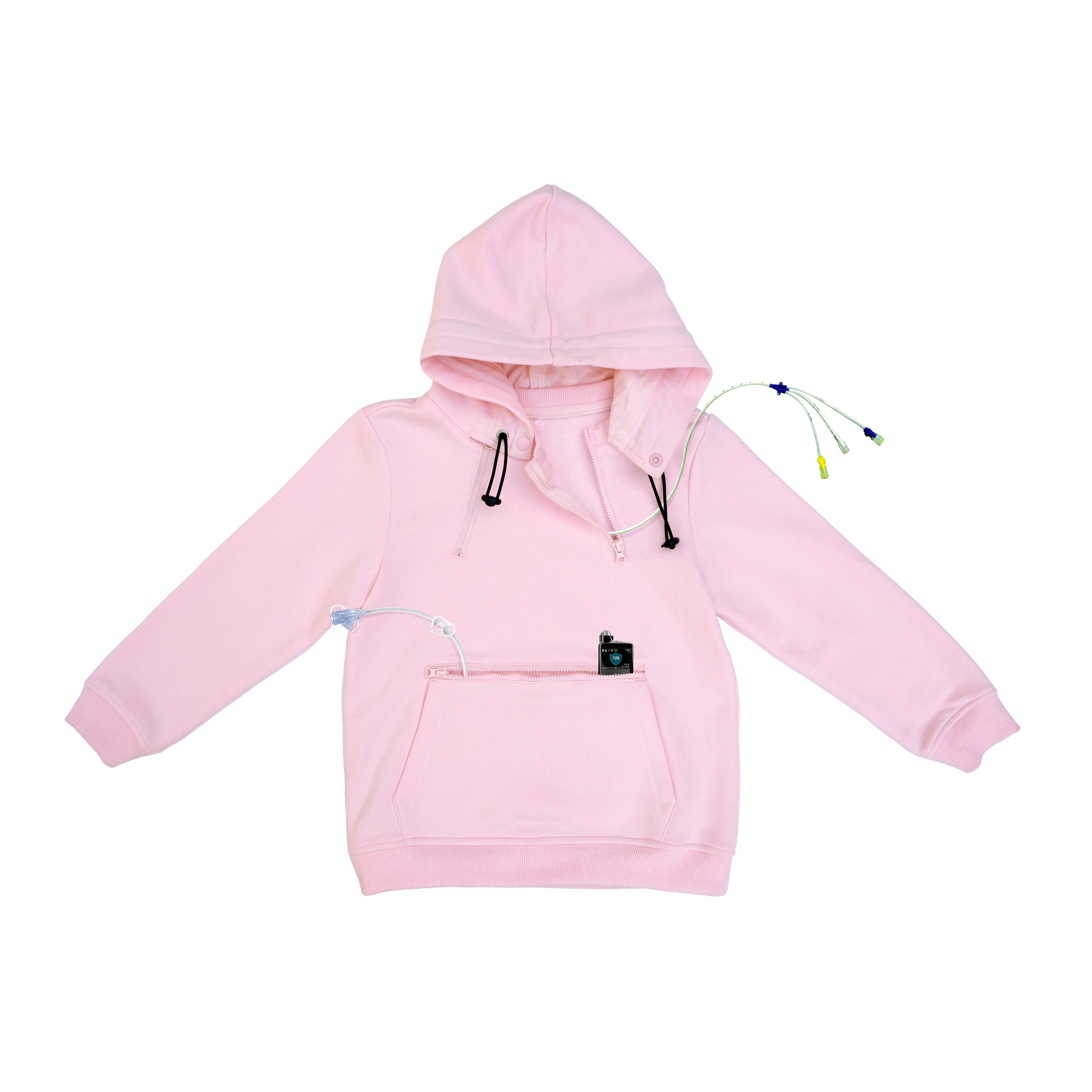 Flat of Pink Zipper Access Hoodie with medical devices