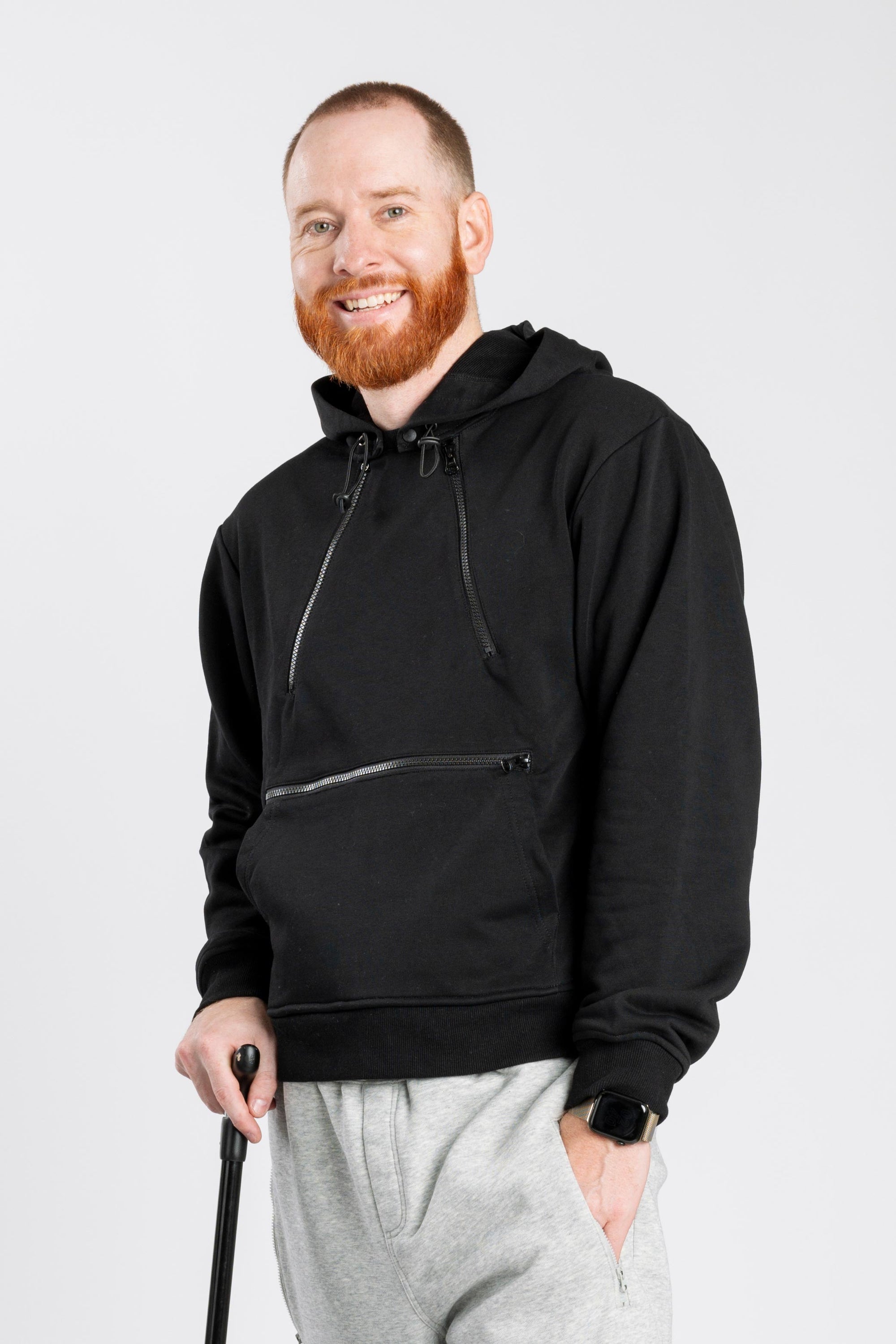 Mike wearing black Zipper Access Hoodie