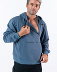 Male model showing unzipped chest zipper on Zipper Access Hoodie