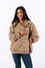 Female Model showing chest zipper opening on Khaki Zipper Access Hoodie