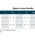 Size chart for a Zipper Access Hoodie with measurements for chest and waist circumference.