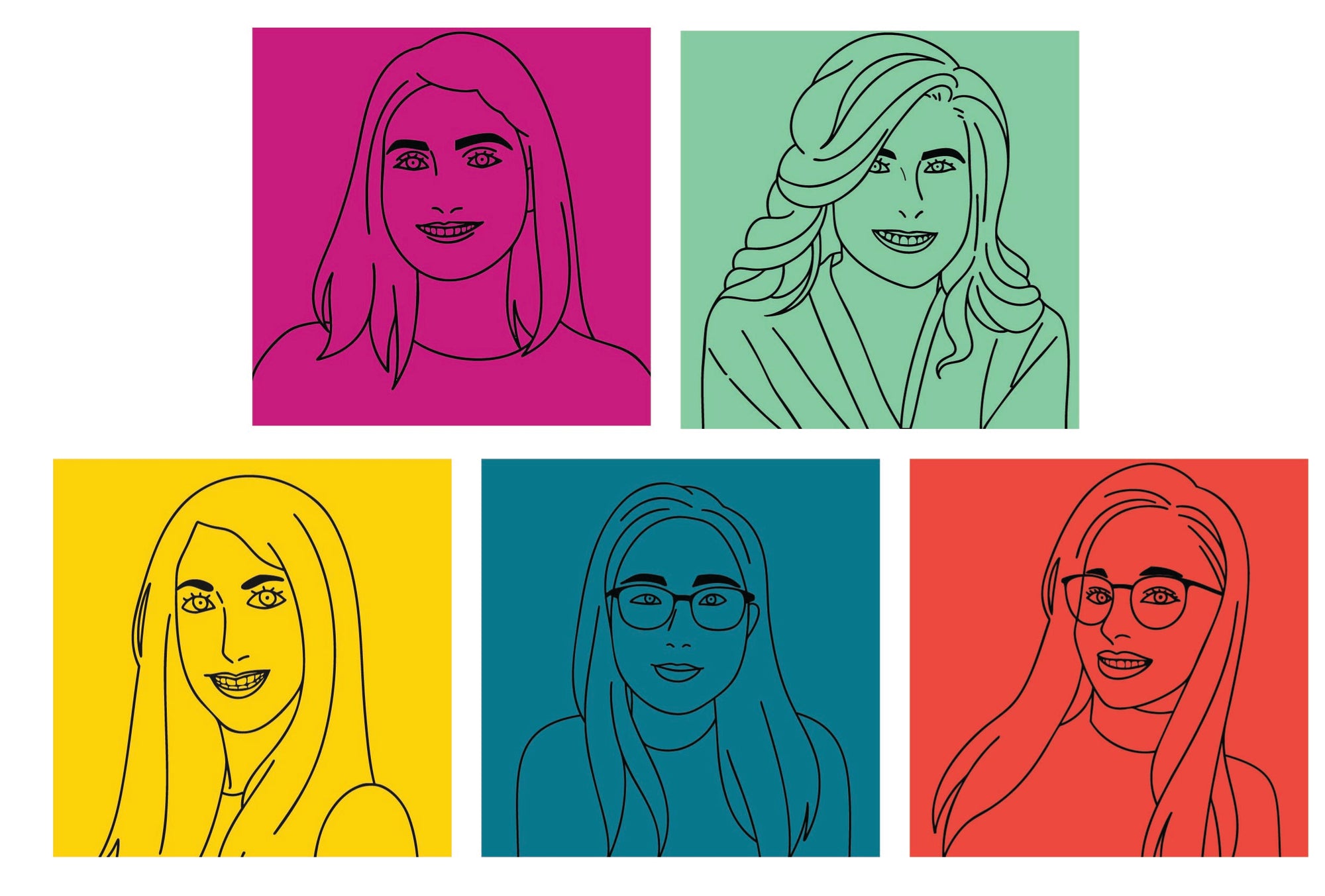 Collage of doodles of Spoonie Threads team from left to right, top to bottom, Saba Kamaras, Dr Julie Sanchez, Courtney Harris, Tay Nishikida, Hailey Brand