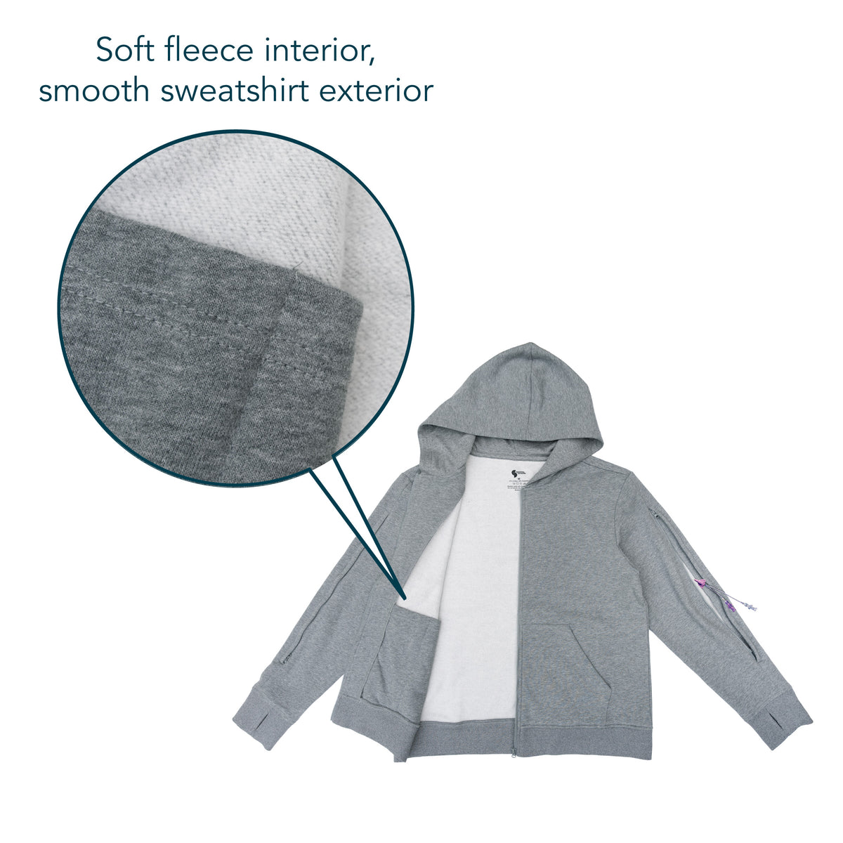 Flat image of hoodie with closeup of fabric with text saying "Soft fleece interior, smooth sweatshirt exterior".