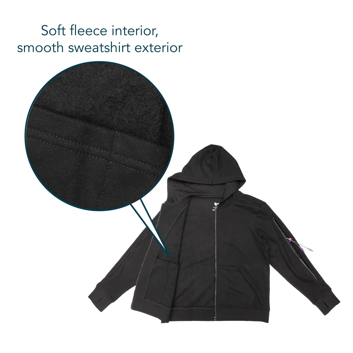 Flat image of hoodie with closeup of fabric with text saying "Soft fleece interior, smooth sweatshirt exterior".