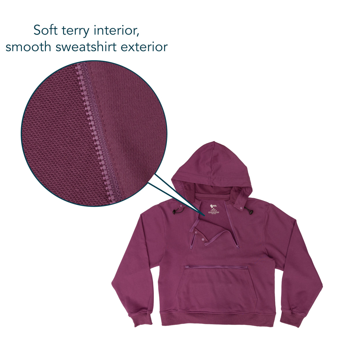 Flat image of hoodie with closeup of fabric with text saying "Soft terry interior, smooth sweatshirt exterior".