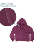 Flat image of hoodie with closeup of fabric with text saying "Soft terry interior, smooth sweatshirt exterior".