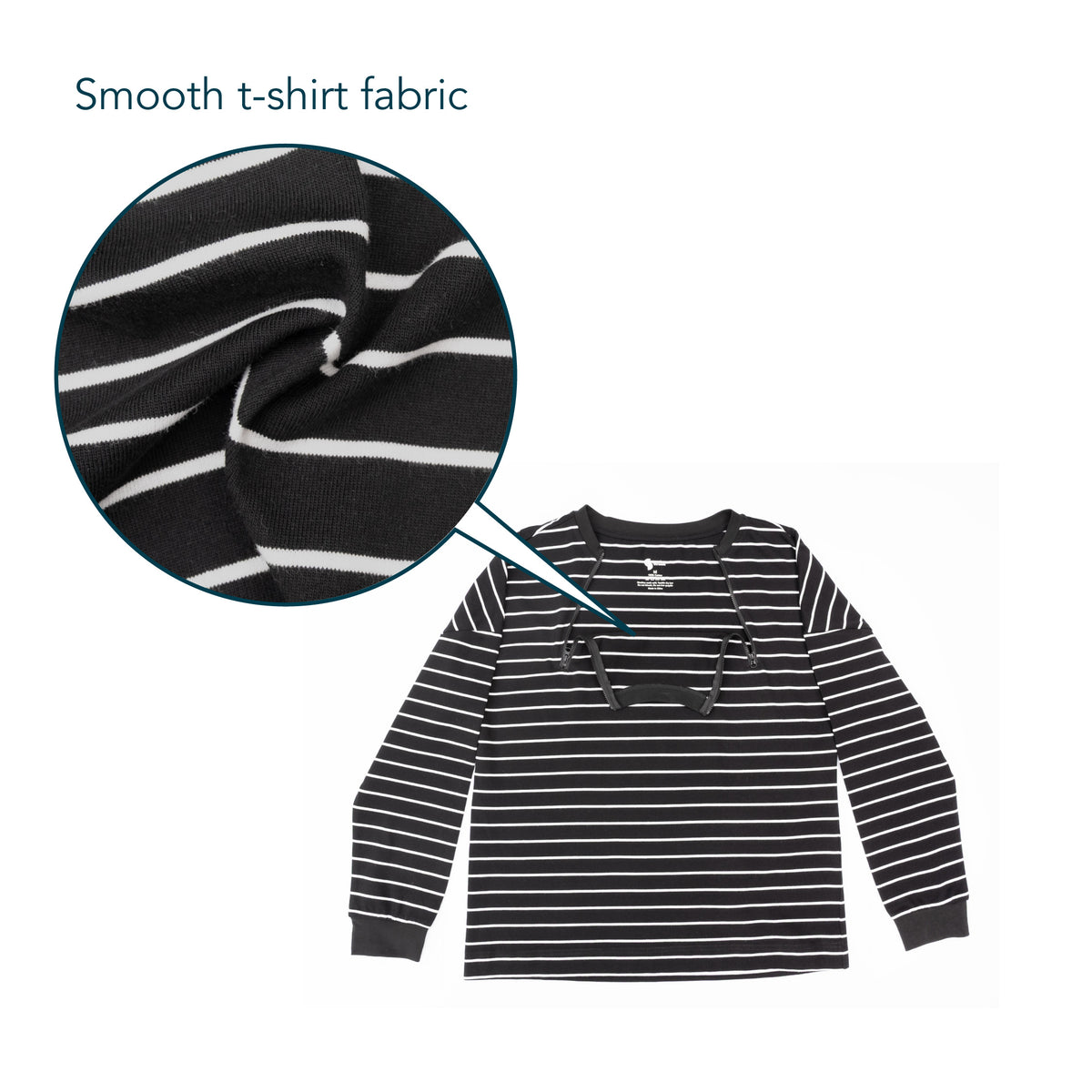 Flat image of shirt with closeup of fabric with text saying "smooth t-shirt fabric".