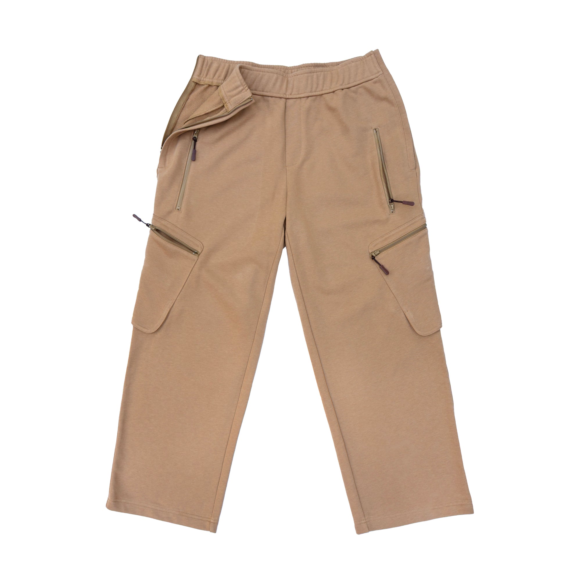 Flat of Wide Leg Cargo Pants in Khaki with open zipper