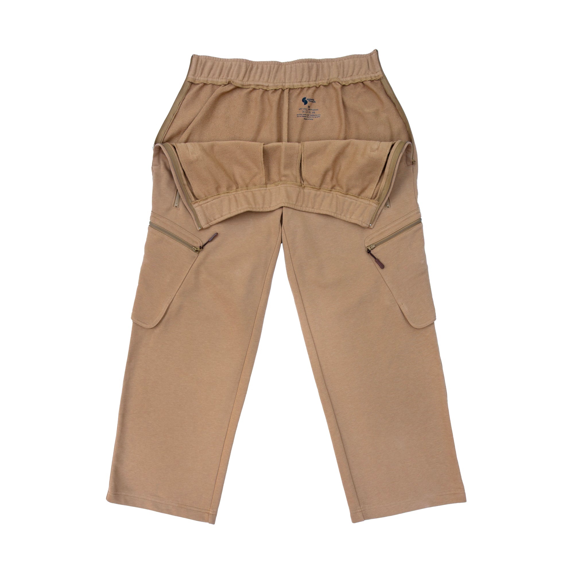 Flat of Wide Leg Cargo Pants in Khaki with open side zippers