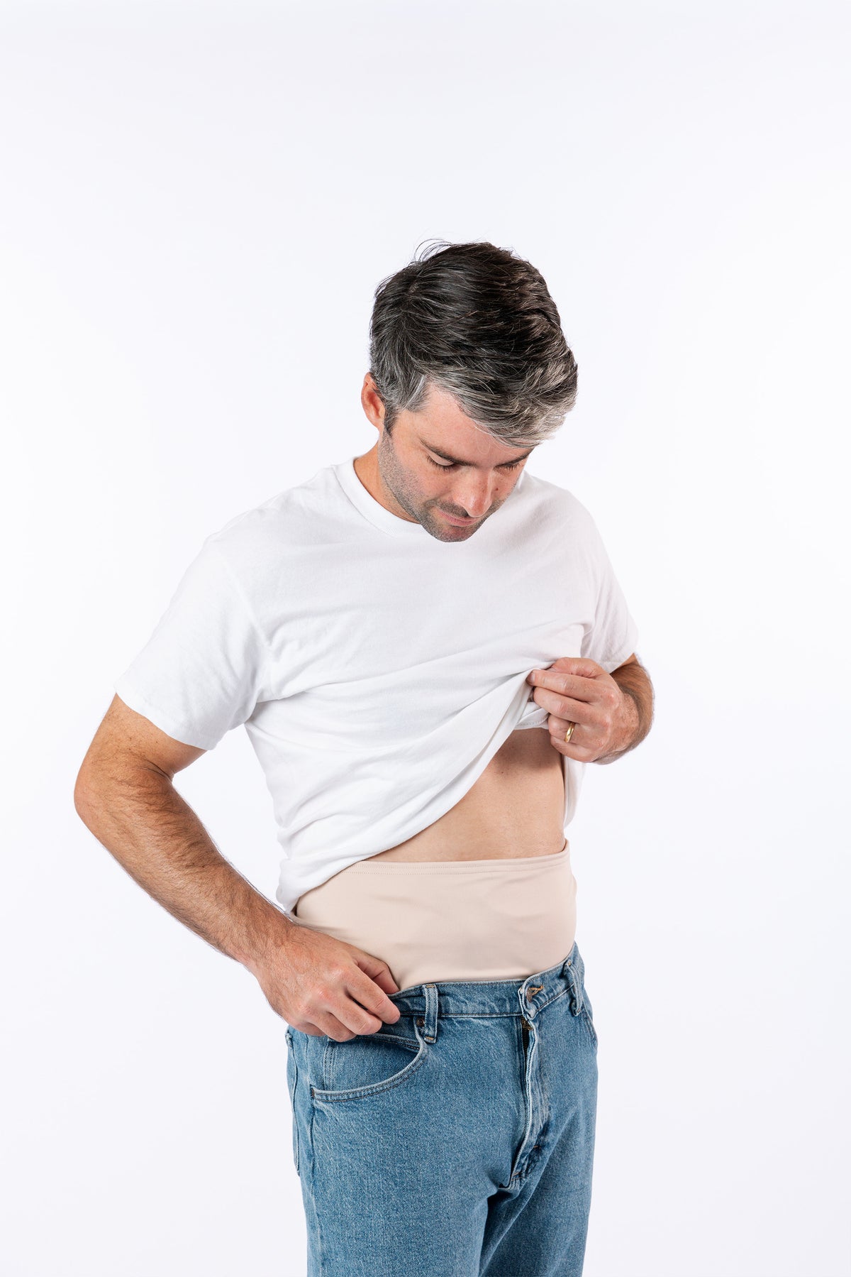 Male model wearing beige stretch waistband