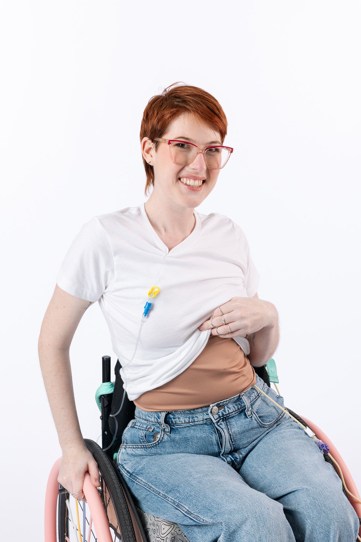 Female model in wheelchair wearing Tan Stretch Waistband