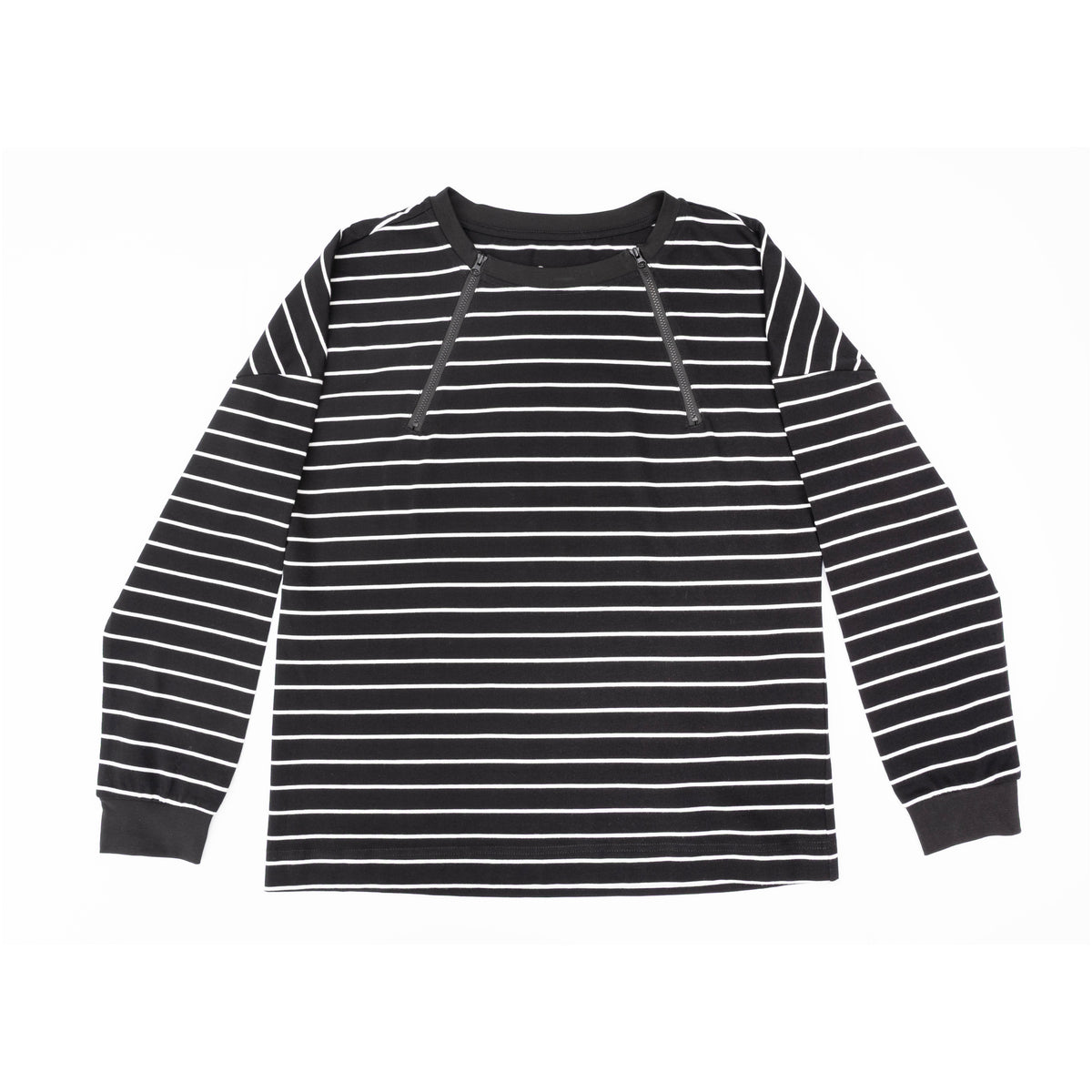 Flat of yarn dye zip access tee with zippers closed