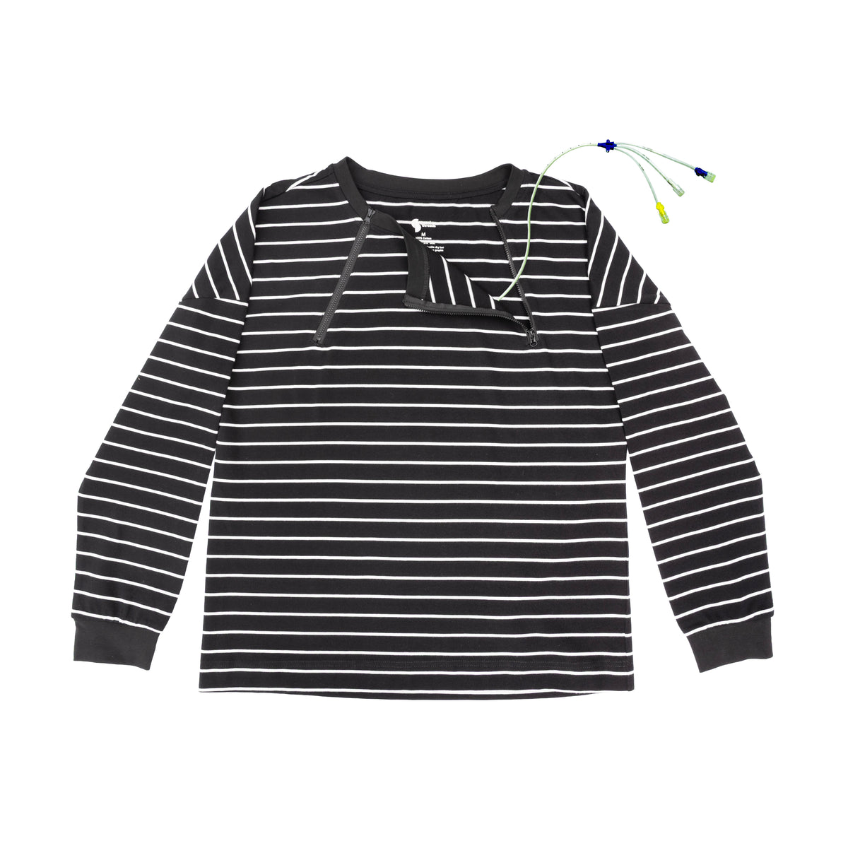 Flat of yarn dye zip access tee with one chest zipper open and tubing coming through