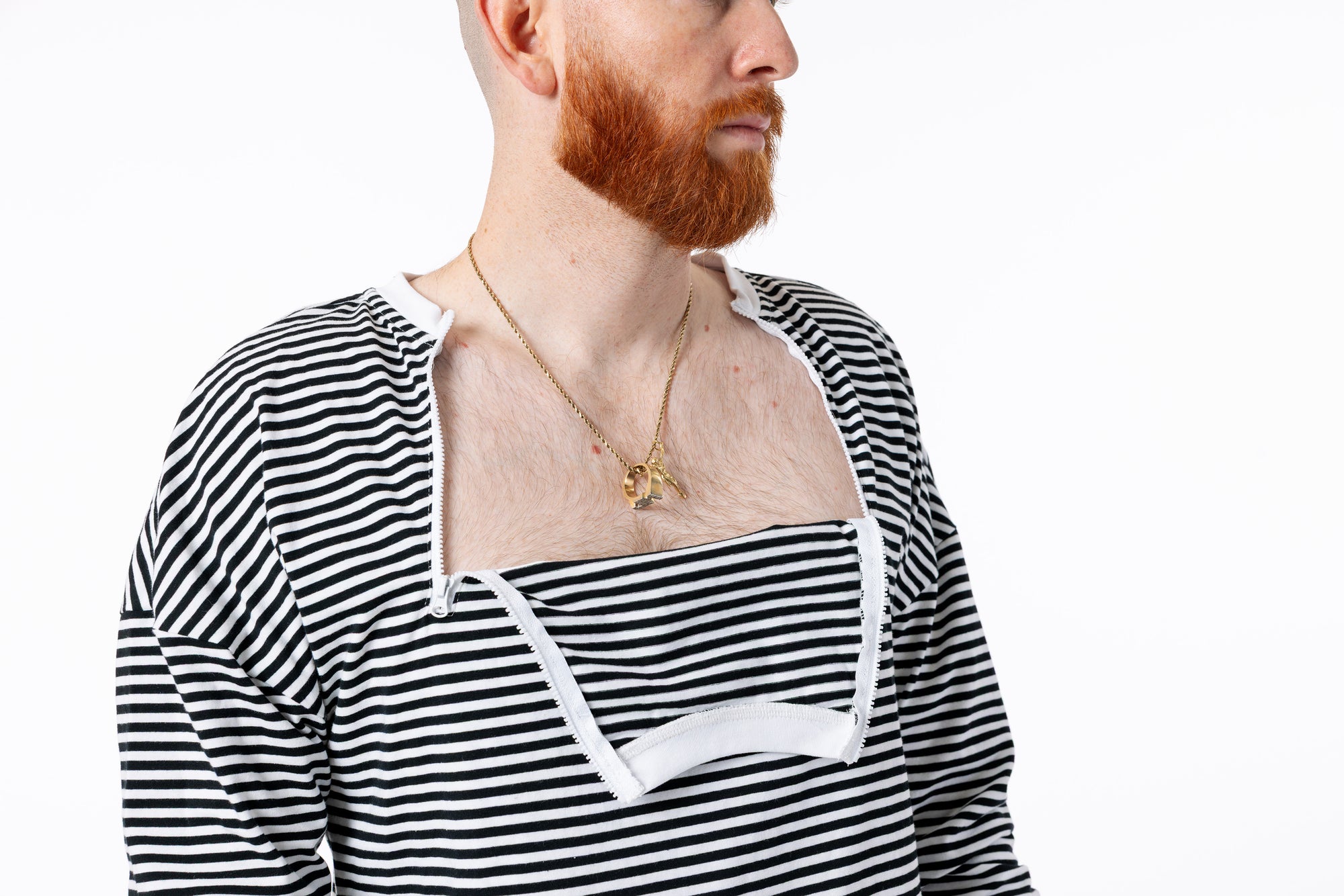 Closeup of open chest zippers