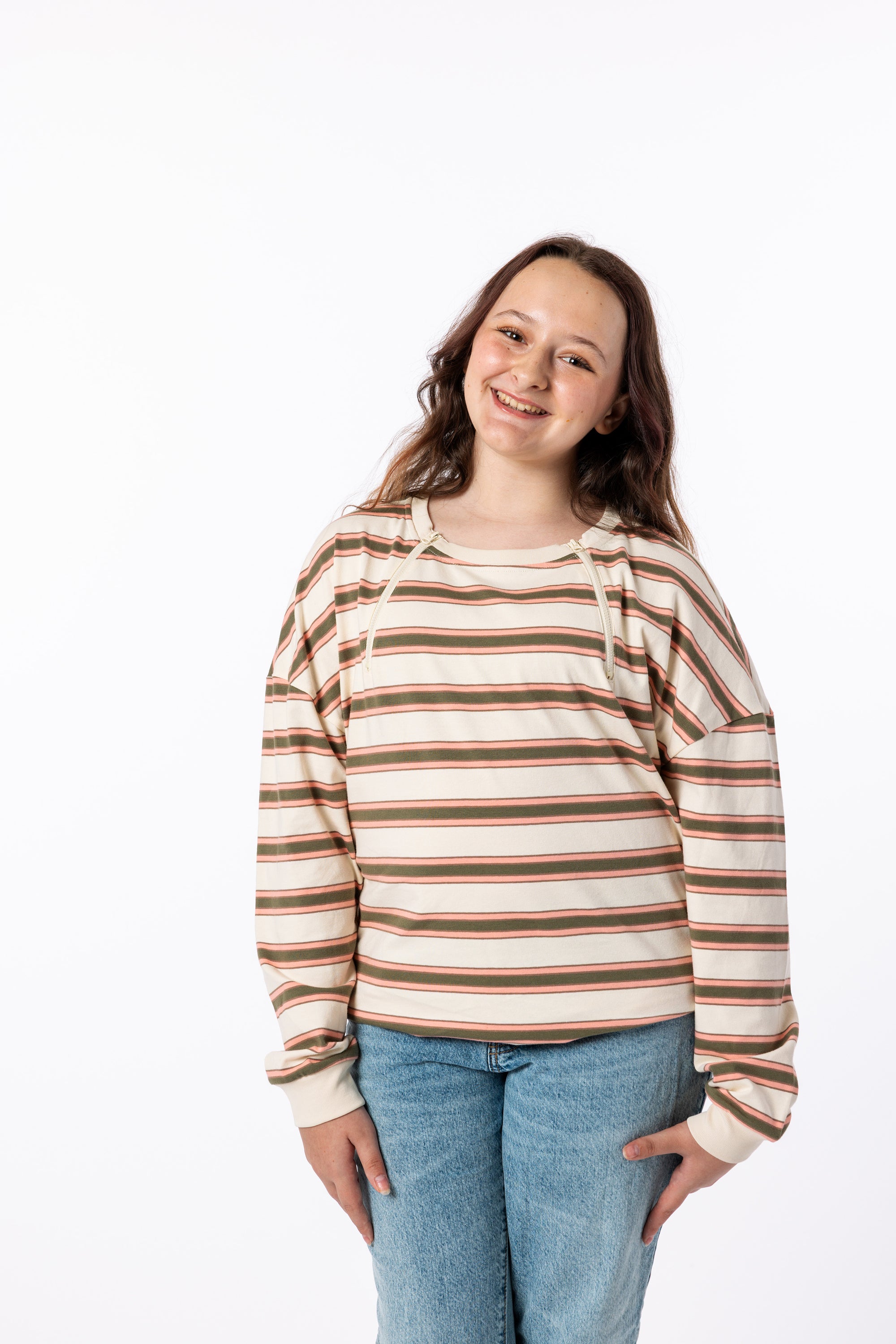 Alex posing in Sunset Longsleeve Yarn-dye Zip Chest Access Tee