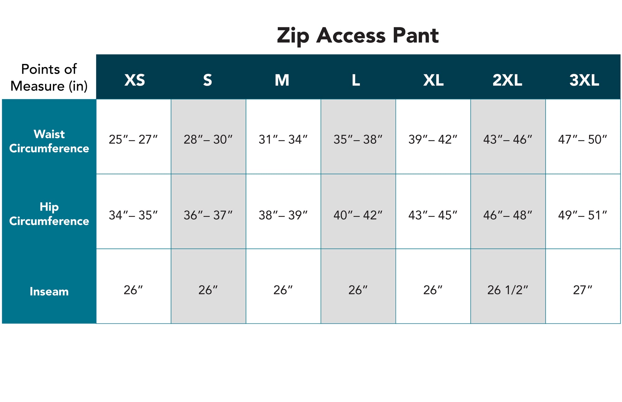 Adult Ankle Zip Access Pant with Contrast Zippers  Size Chart