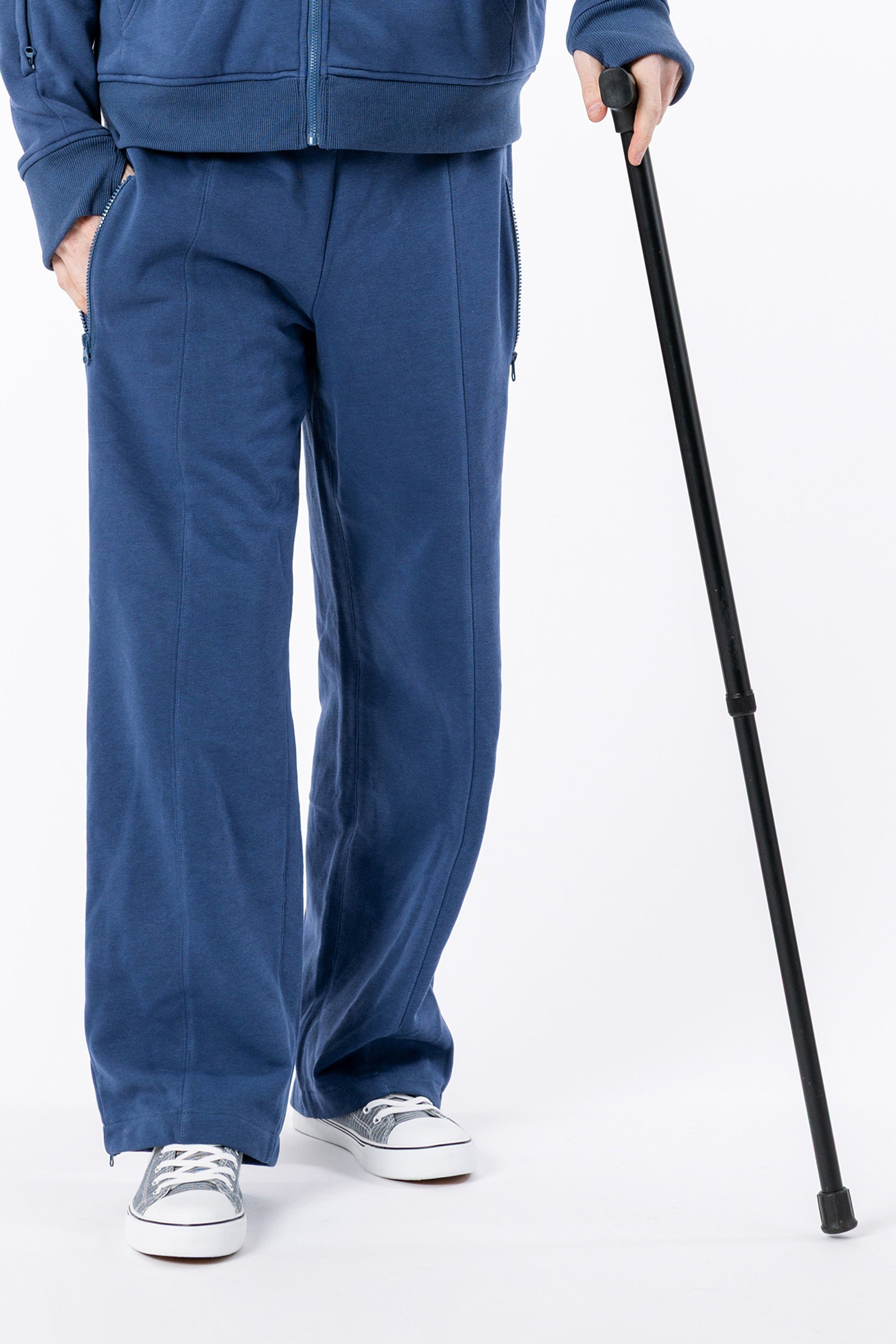 Closeup of Navy Zip Access Pants