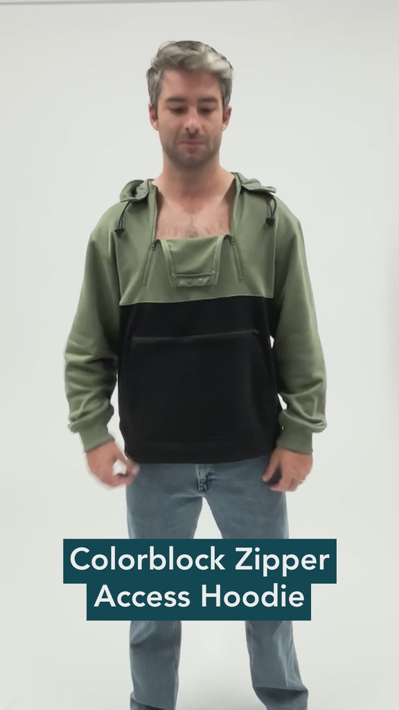 Colorblock Zipper Access Hoodie Video, showcasing features such as chest access and abdomen access.