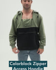Colorblock Zipper Access Hoodie Video, showcasing features such as chest access and abdomen access.