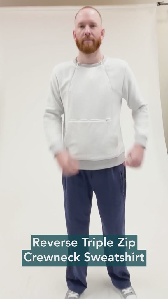Reverse Triple Zip Crewneck Swewatshirt video showing adaptive features of sweatshirt