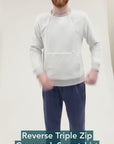 Reverse Triple Zip Crewneck Swewatshirt video showing adaptive features of sweatshirt