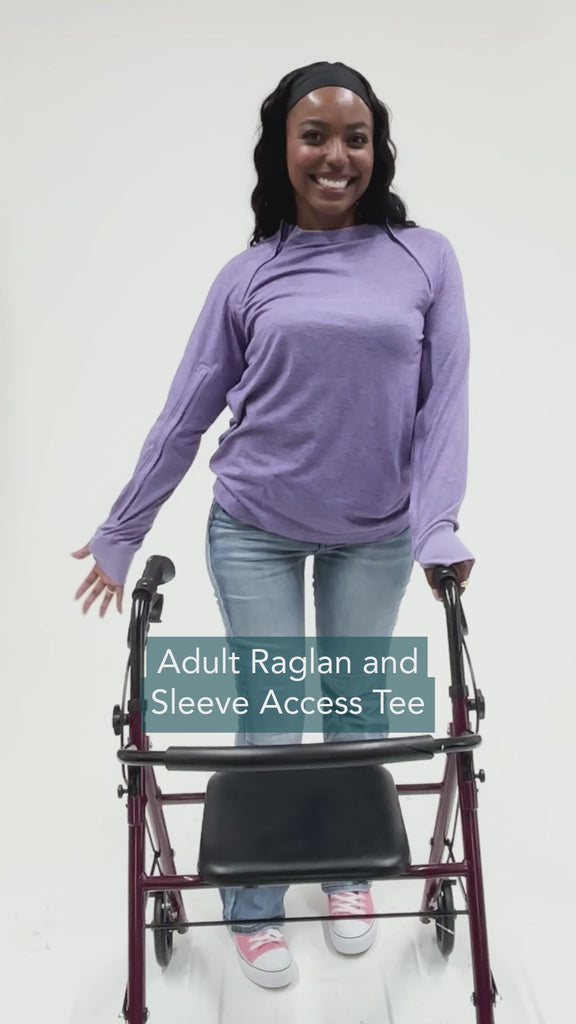 Video showing adaptive features of the Raglan Sleeve Access Tee