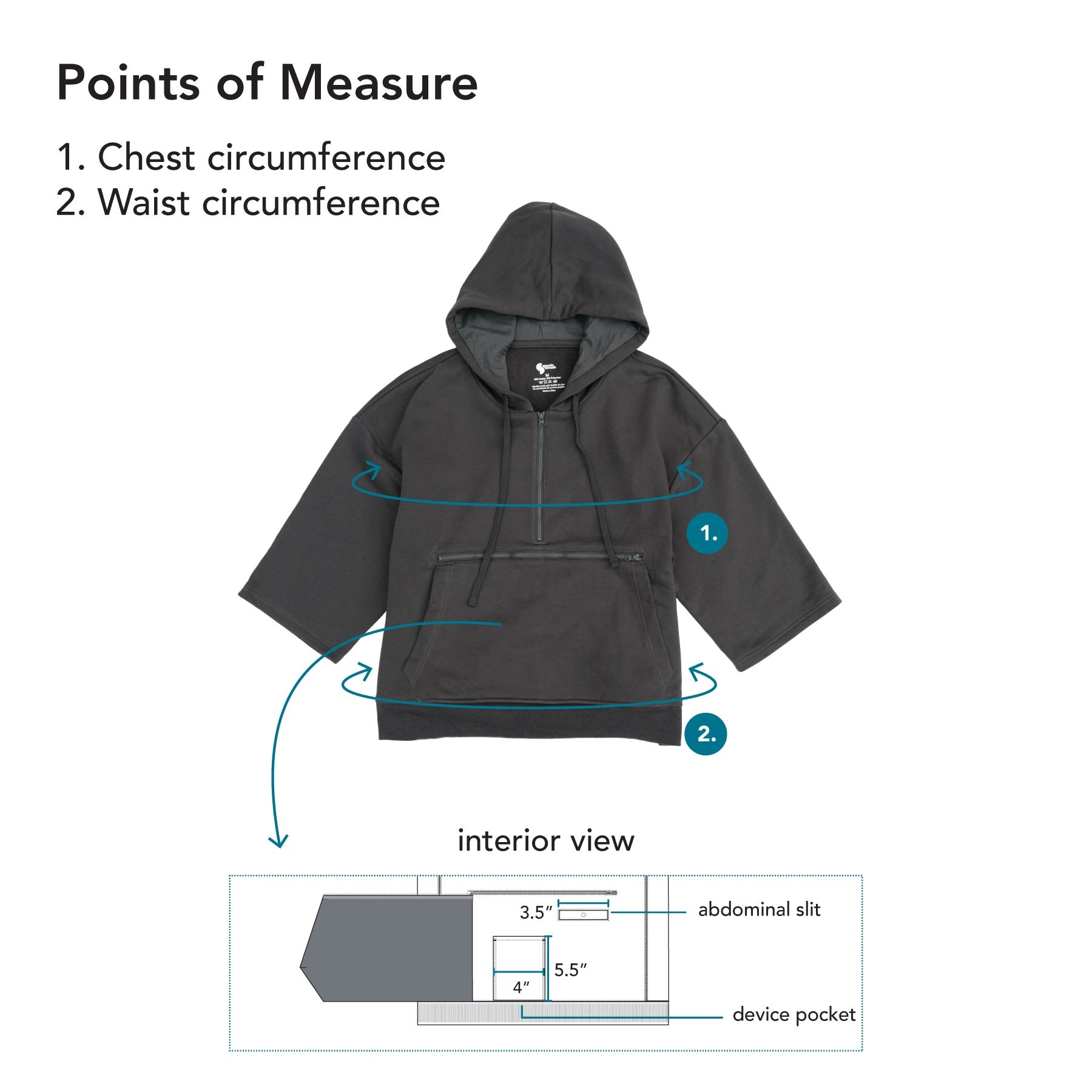 3/4 Sleeve Half-Zip Access Hoodie Points of Measure
