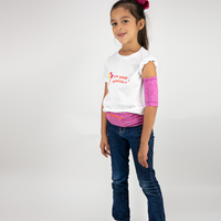 Girl standing wearing hot pink insulin pump belt