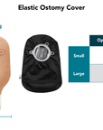 Size chart for Elastic Ostomy cover showing how to measure length, width and opening diameter
