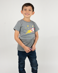 Boy wearing Gray Spaceship G-tube zip shirt with zipper for abdominal access